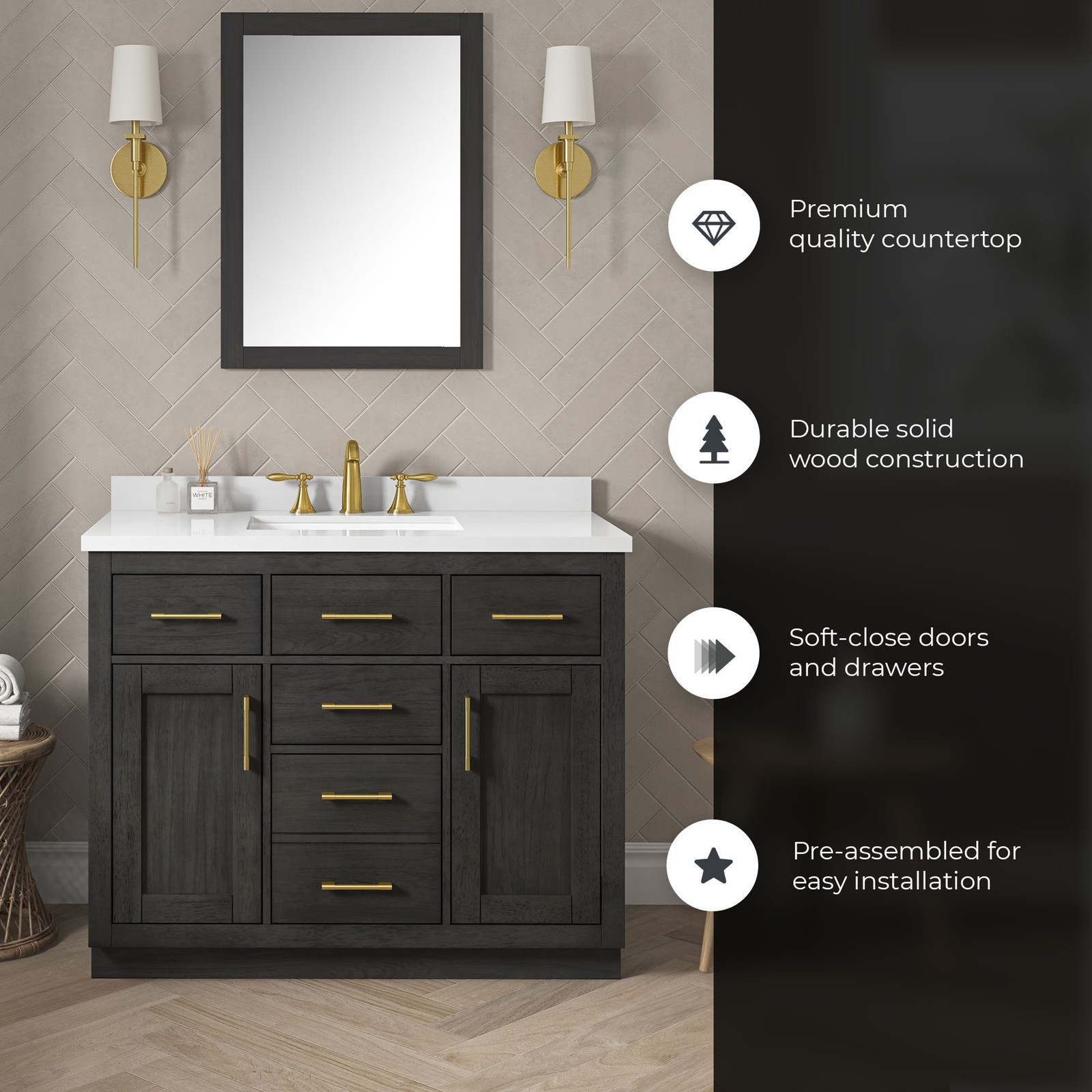 Bailey 42″ Bathroom Vanity in Matte Black Wood with White Countertop