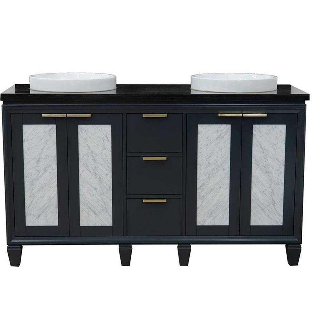 Pemberly Row 61″ Solid Wood Double Round Sink Vanity in Dark Gray/Black Galaxy