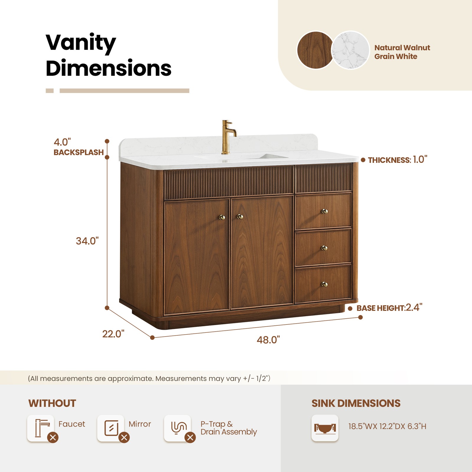 Zogno 48″ Single Sink Bath Vanity in Natural Walnut with White Grain Stone Top