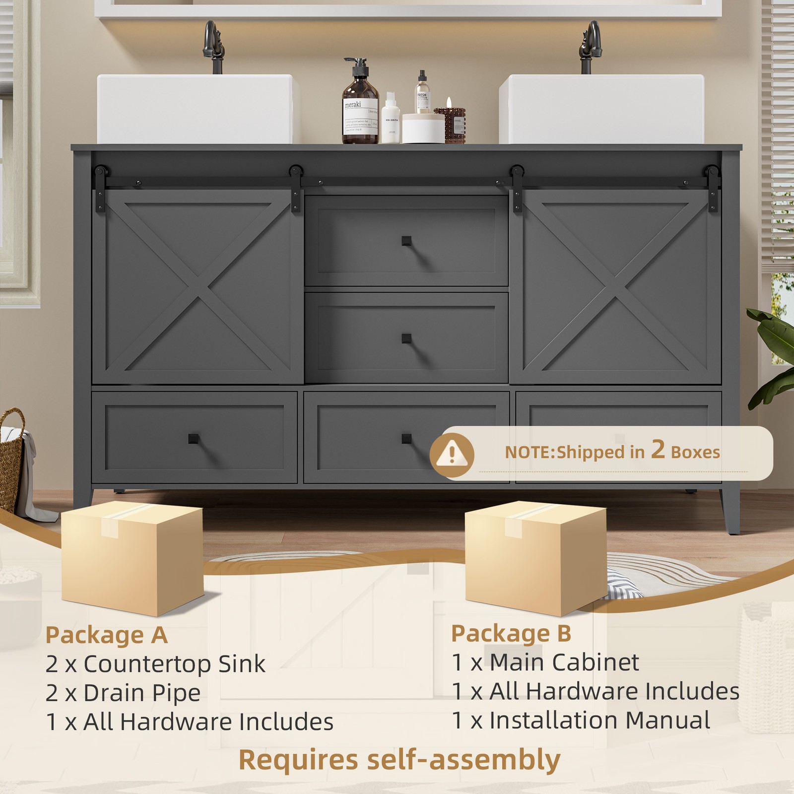 60-inch Grey Bathroom Vanity with Ceramic Sink Combo Abundant Storage Cabinet US