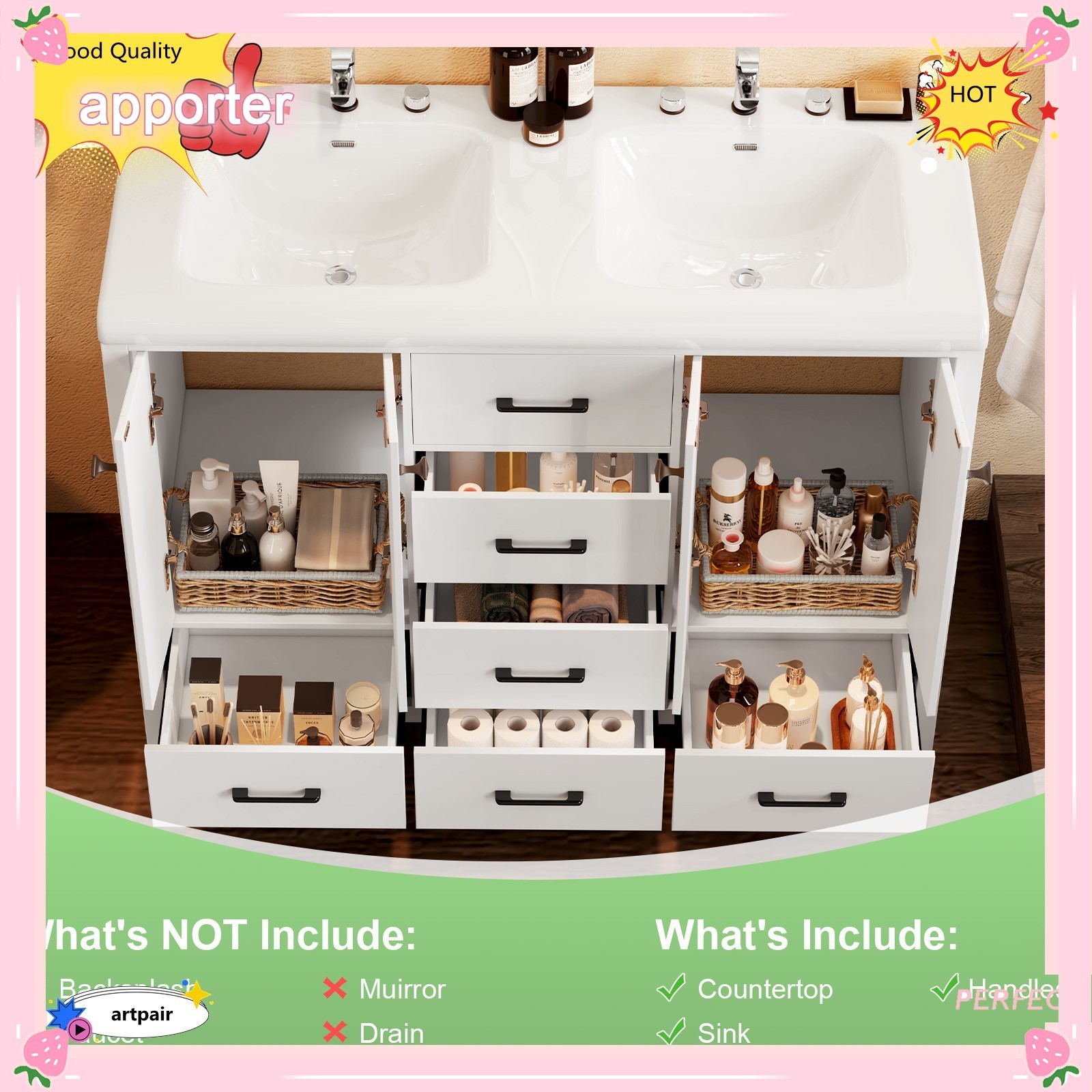 Yamissi Freestanding Bathroom Cabinet 47” with 5Drawers and Cabinet Double-Sink