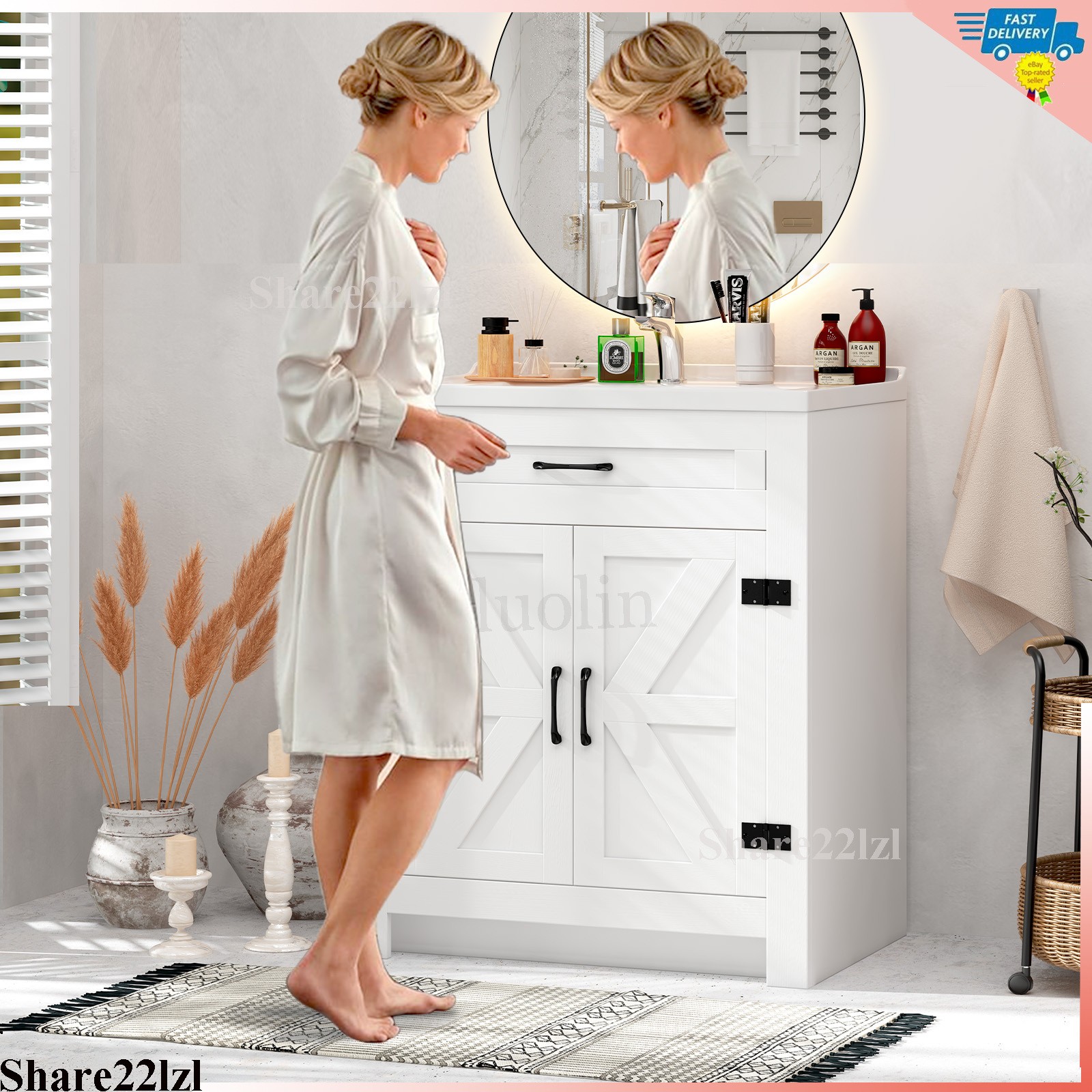 31″ Bathroom Vanity Single Cabinet White Freestanding Cabinets Storage WITH Sink