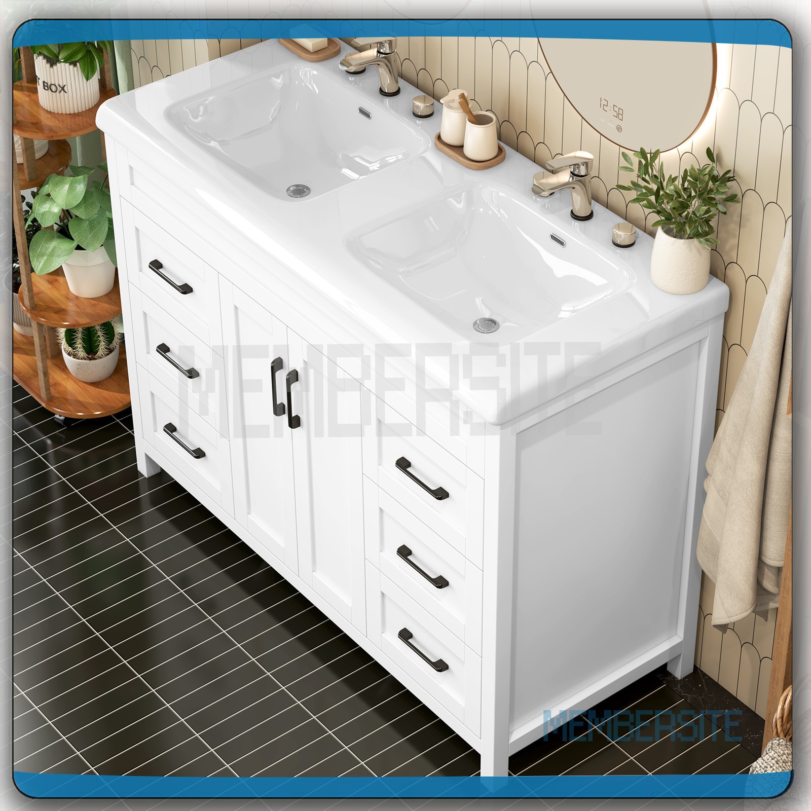 47.3″ Bathroom Vanity Cabinet with Double Sink Ceramic Basin Vanity Freestanding