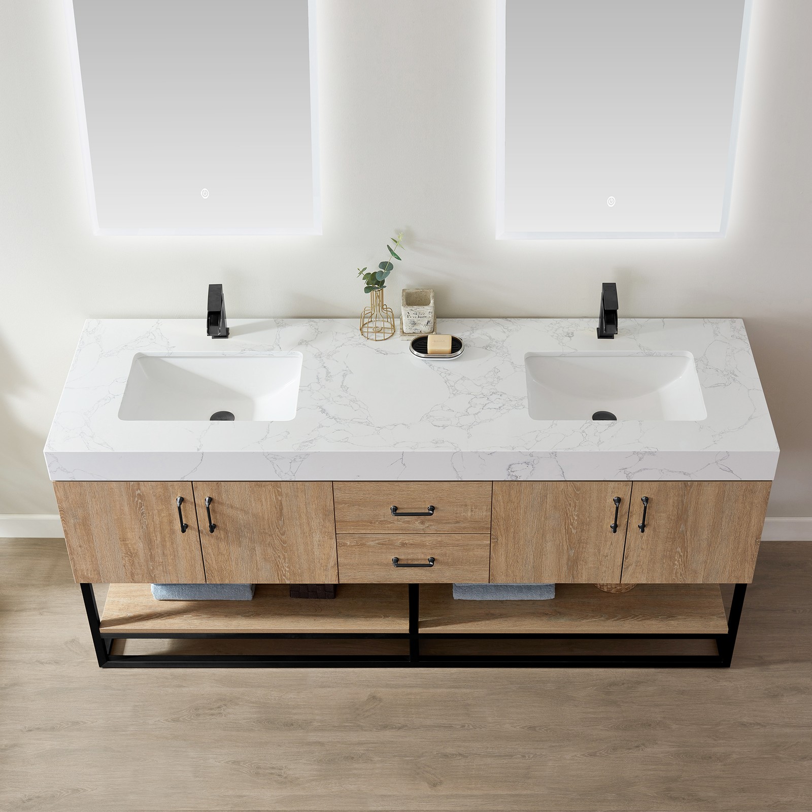 Vinnova Alistair 72″ White Stone Top Oak Double Vanity Black Frame w/o Mirror