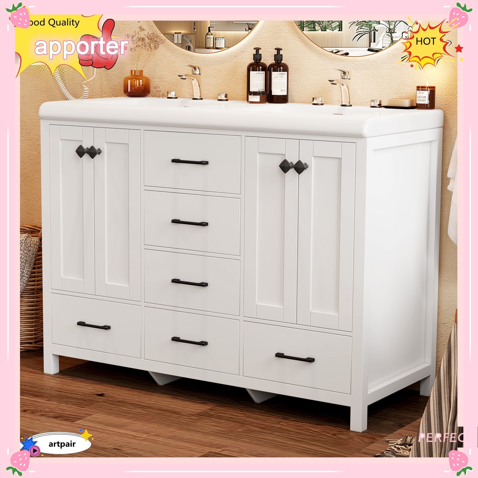 Yamissi Freestanding Bathroom Cabinet 47” with 5Drawers and Cabinet Double-Sink