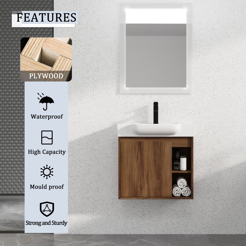24” Wall-Mounted Bathroom Vanity with White Ceramic Sink & Soft-Close Door
