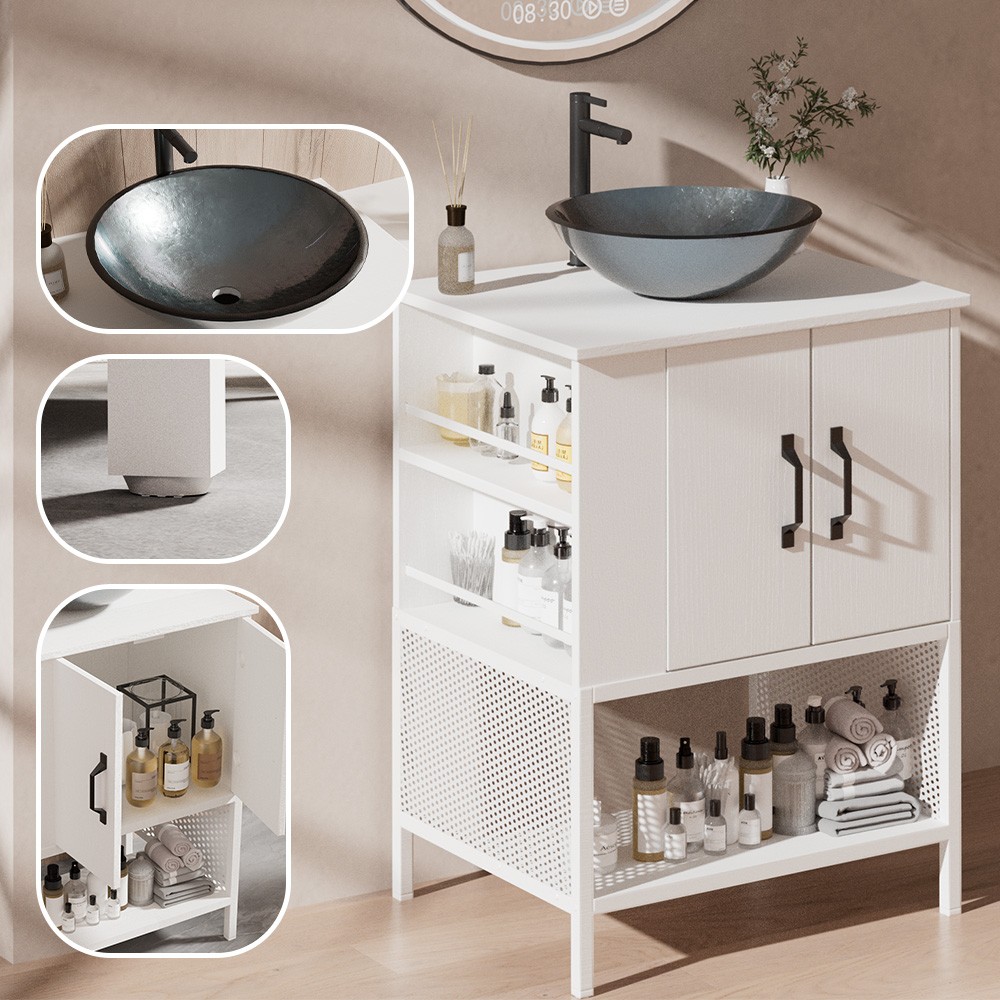 24″ Bathroom Vanity with Glass Sink Modern Storage Cabinet w/Doors & Drawers
