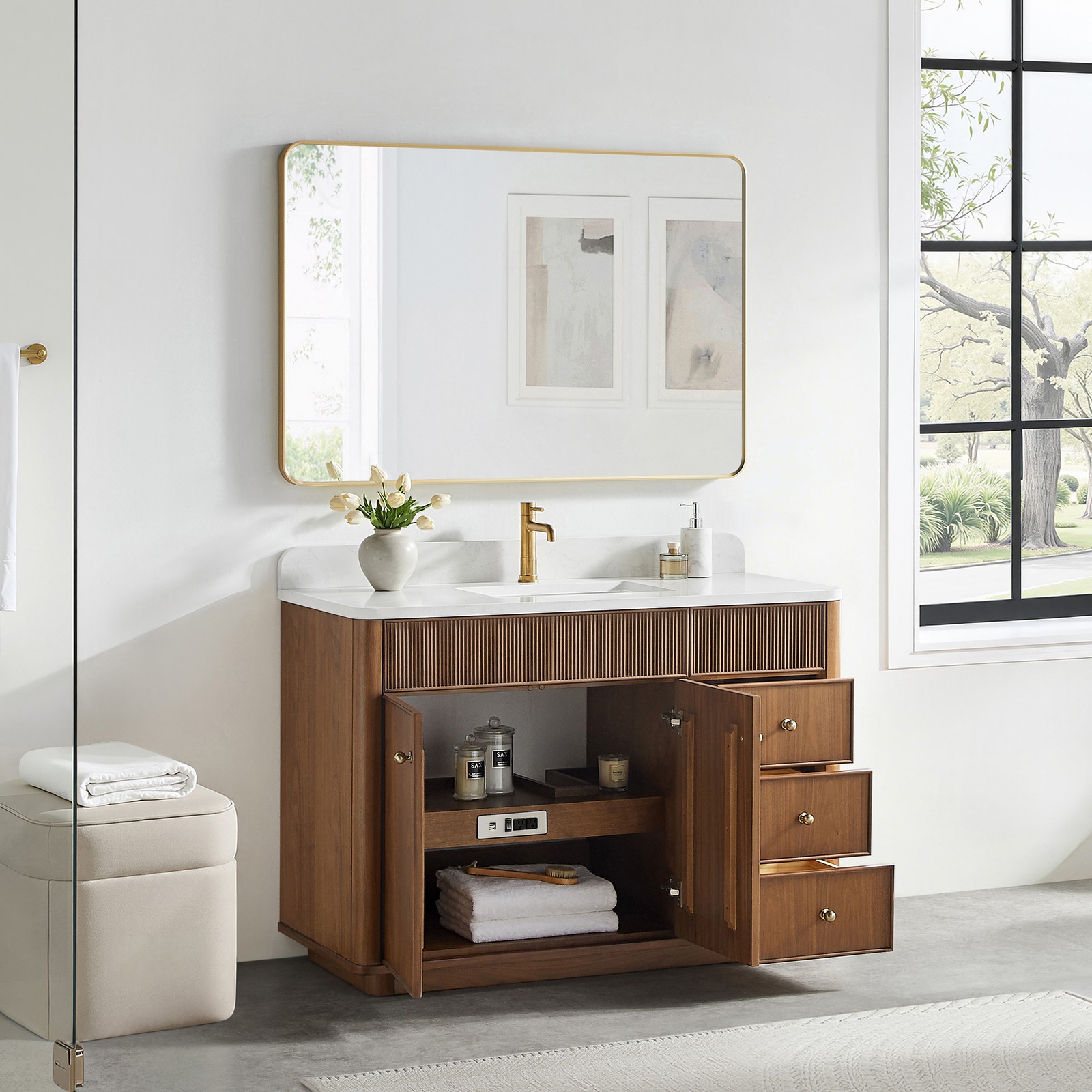Zogno 48″ Single Sink Bath Vanity in Natural Walnut with White Grain Stone Top