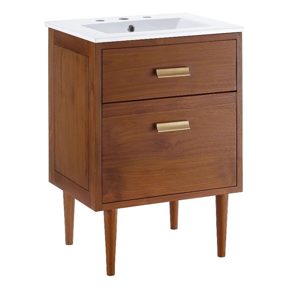 Pemberly Row 24.5″ Modern Wood & Ceramic Bathroom Vanity in Natural/White