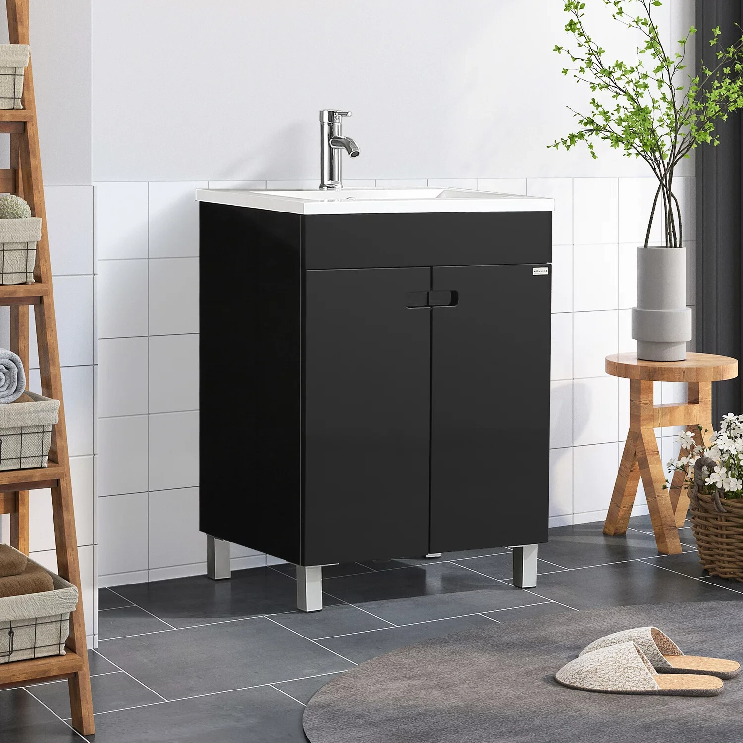 24″ Single Bathroom Vanity Wood Grain Cabinet with Ceramic Sink Faucet Combo Set