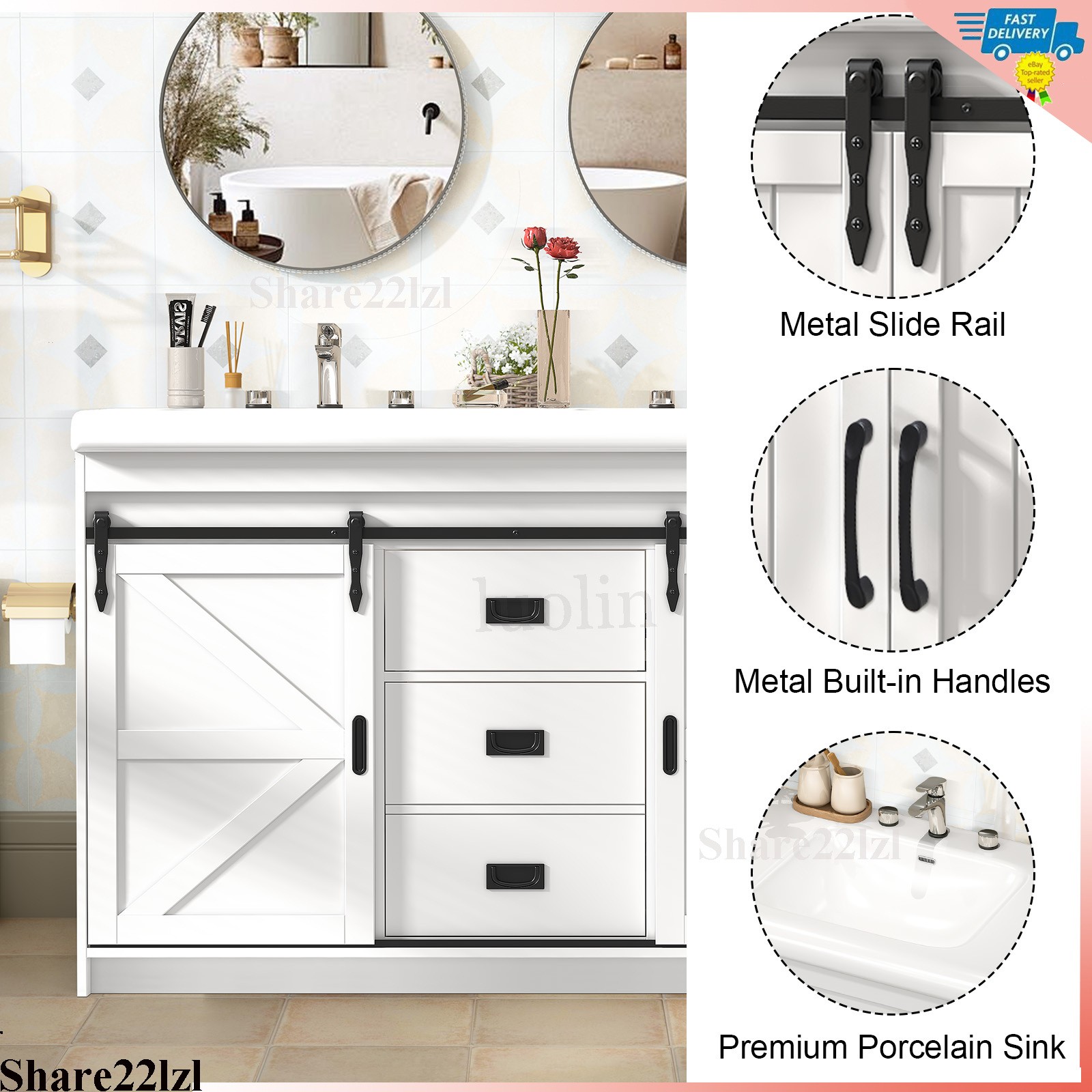 47 inch Double Sink Bathroom Vanity Cabinet Ceramic Vessel Sink w/ Sliding Doors