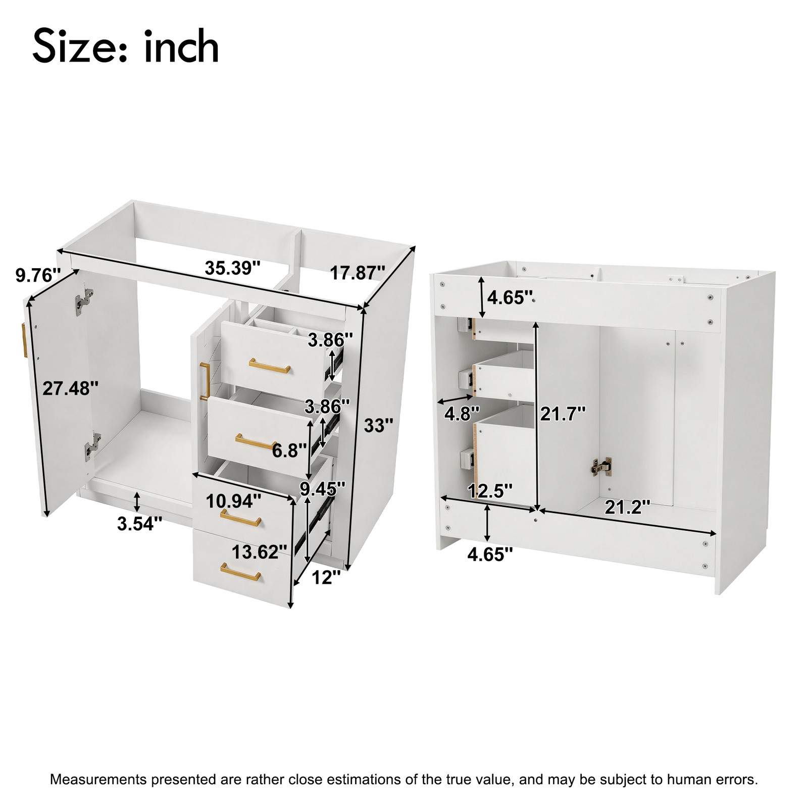 36″ Solid Wood Frame Bathroom Vanity Cabinet with 3 Drawers & Soft Close Doors