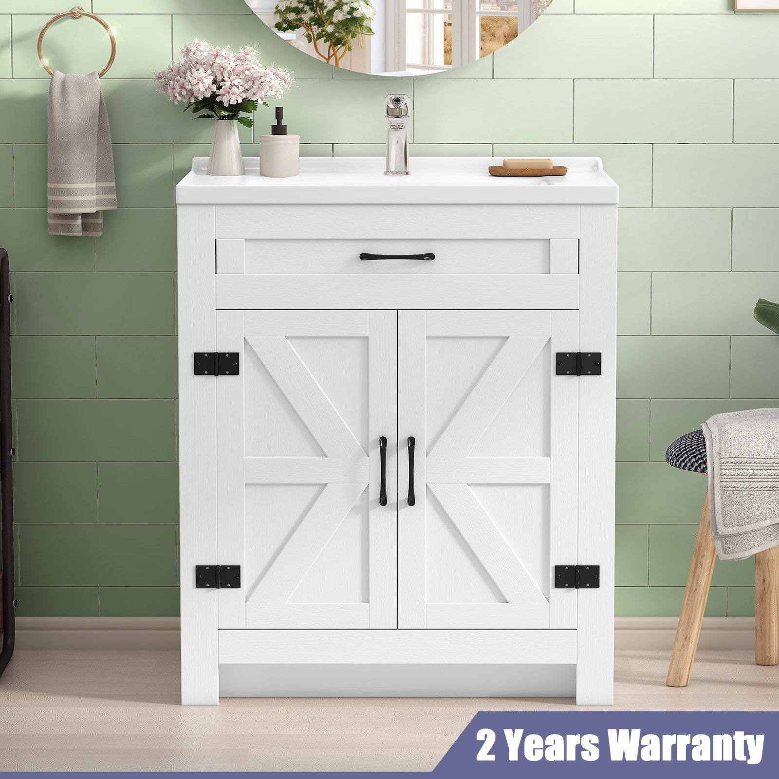 31 Inch Bathroom Vanity Cabinet Ceramic Sink Double Doors Storage Cabinet