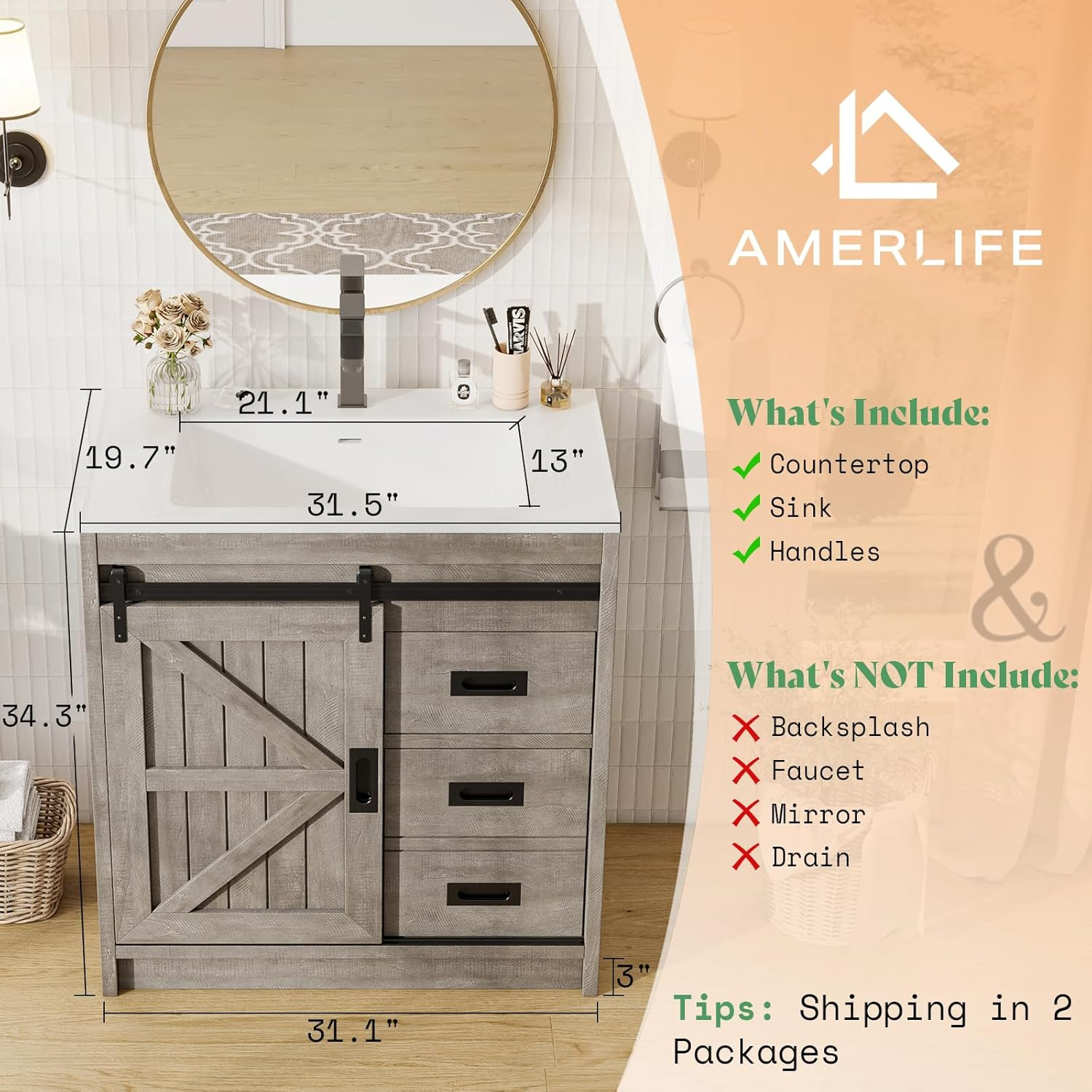 AMERLIFE Farmhouse Bathroom Vanity with Sink Combo, 31In Sliding Barn Door Bathr
