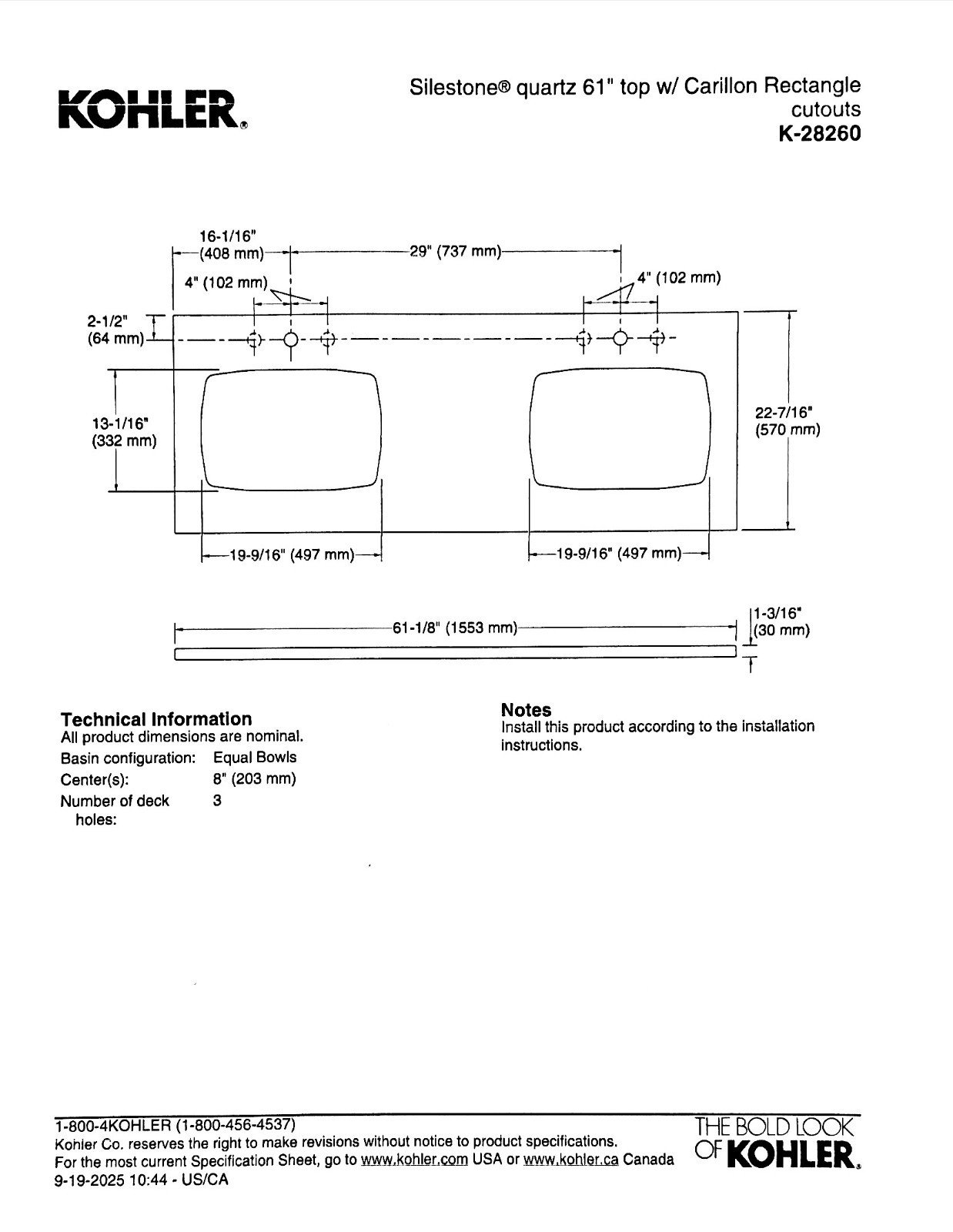 Kohler 28260-MMW – Silestone Quartz 61″ Vanity Top with Two Sink Cutouts