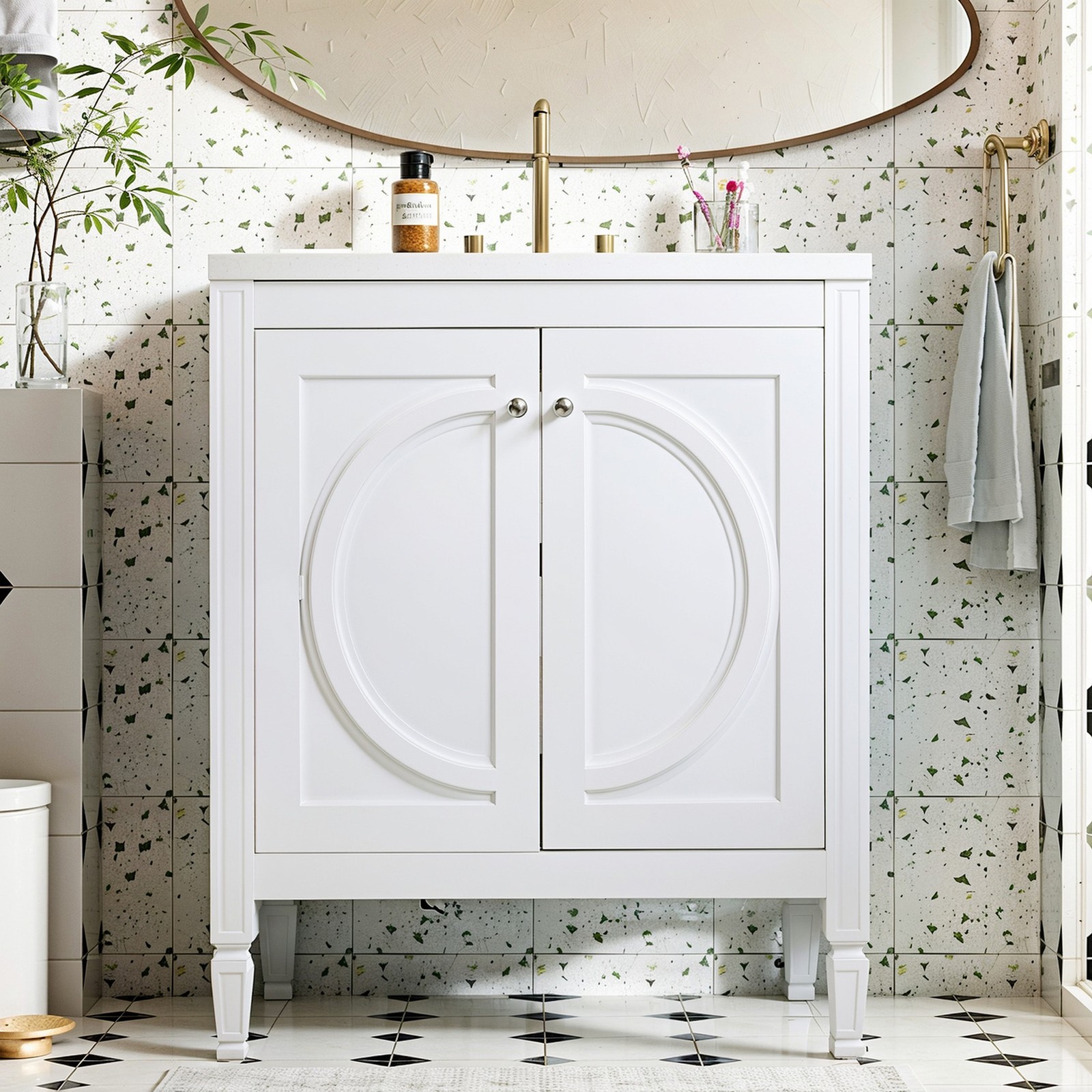 30″ Bathroom Vanity with Ceramic Sink, White, Modern Farmhouse Style