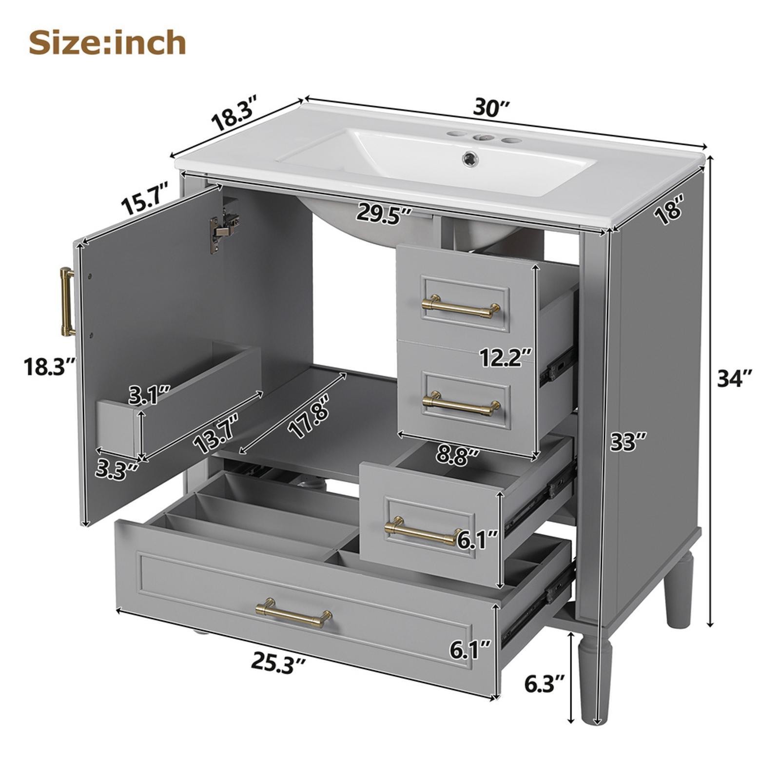Modern 30″ Bathroom Vanity with Ceramic Basin, Soft-Close Door, Spacious
