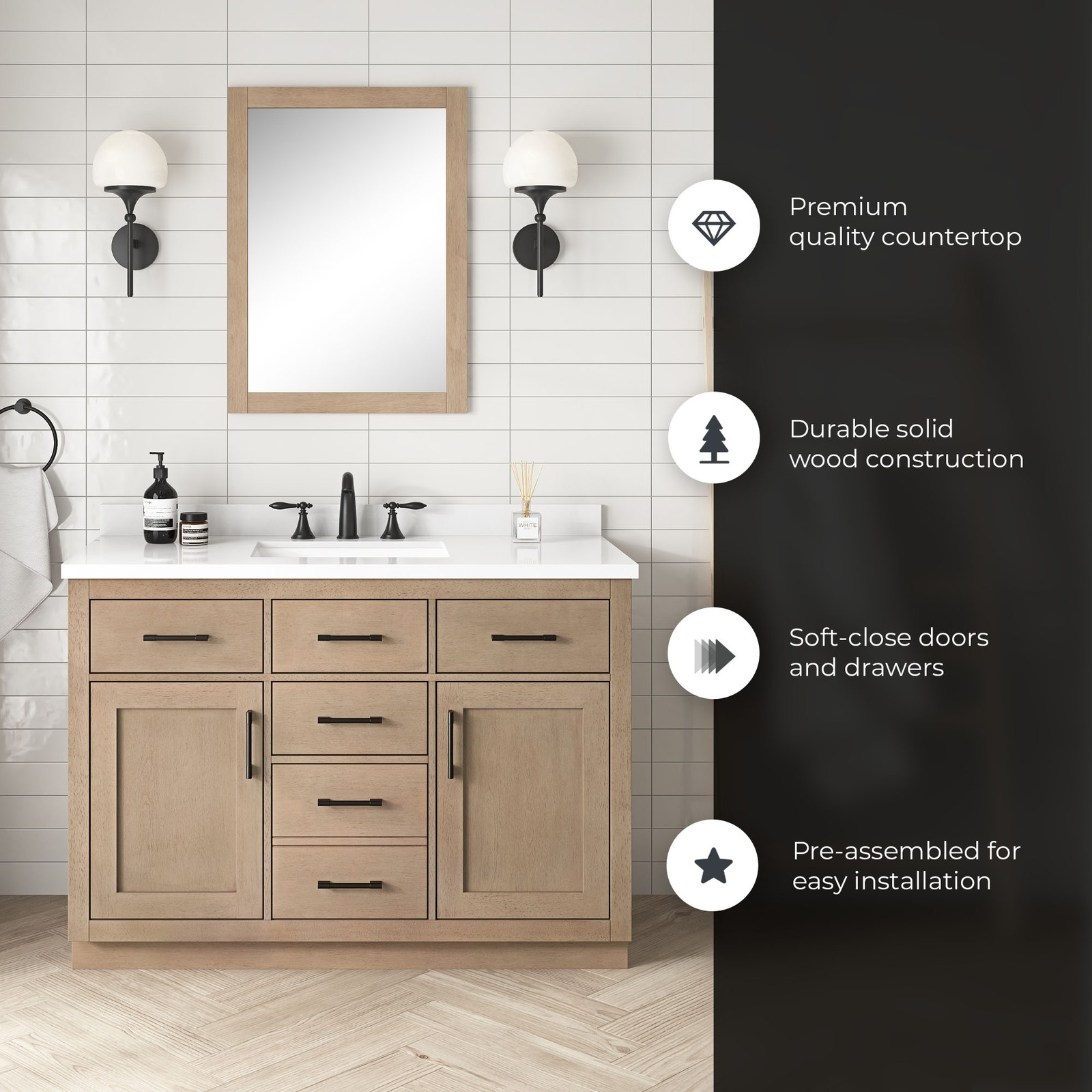 Bailey 48″ Bathroom Vanity in Sahara Birch with White Countertop