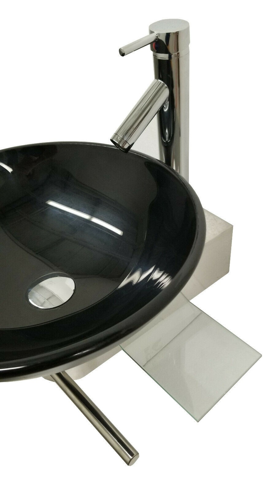 Modern Wall Mount Bathroom Pedestal Vanity Black Glass Bowl Vessel Sink Combo