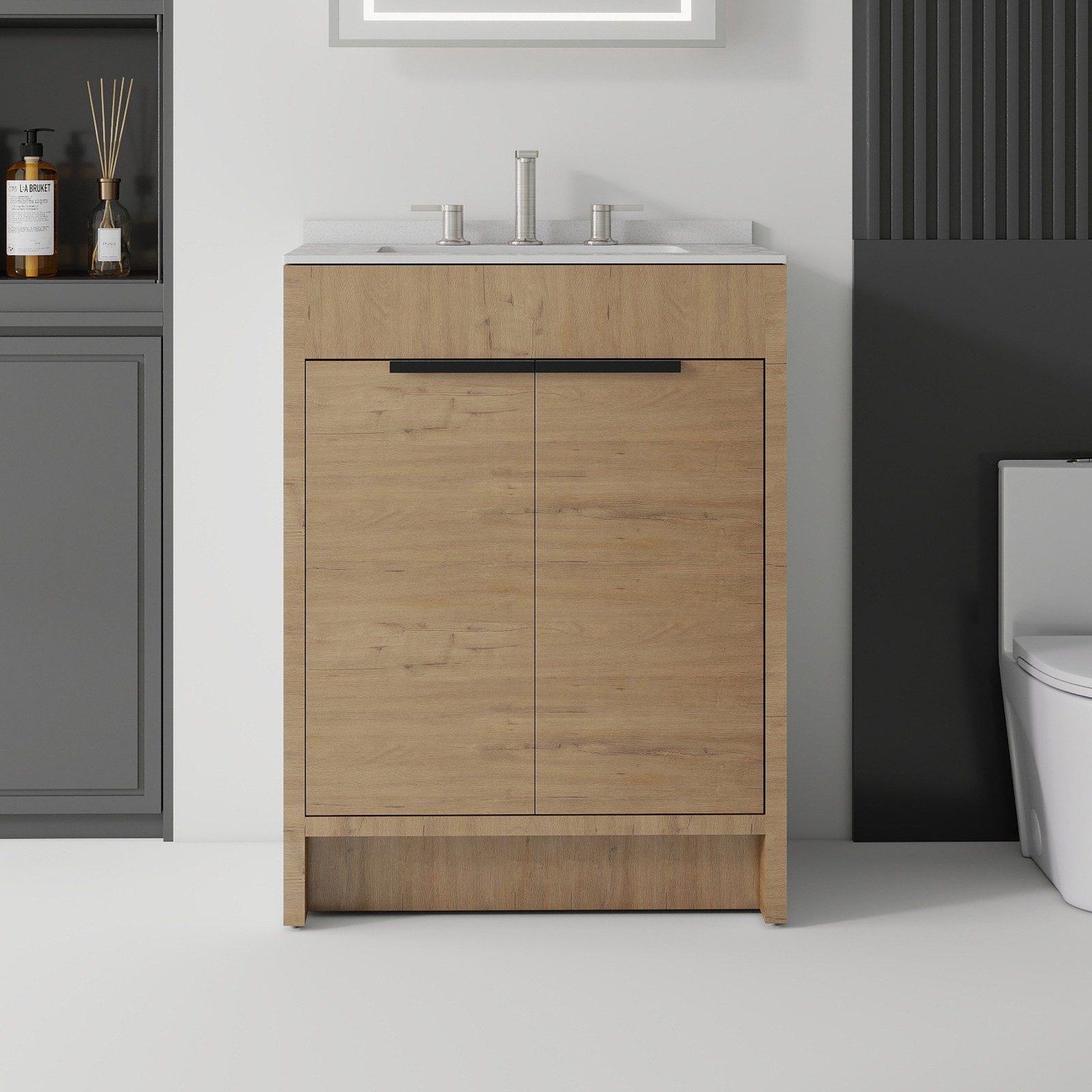 24″ Freestanding Bathroom Vanity with Sink, Soft-Close Door, White Marble Top
