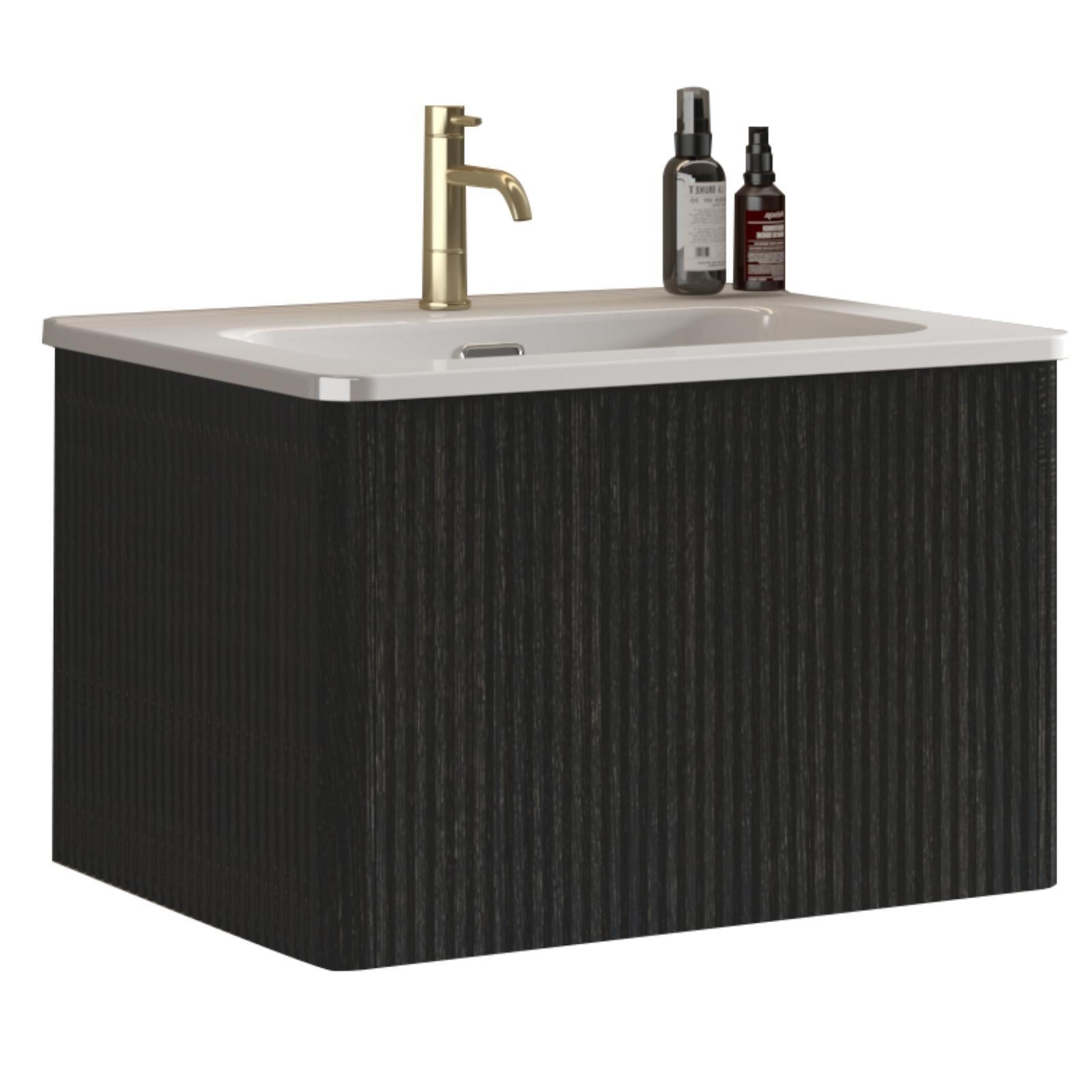 Elegant 24″ Bathroom Vanity with Black Oak Finish, Curved Edges, Push Open
