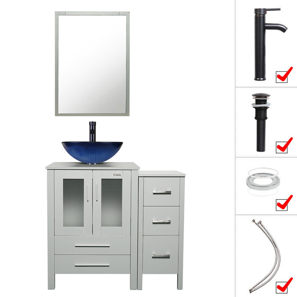 36″ Bathroom Vanity Set Side Cabinet Vessel Glass/Ceramic Sink Gray No Mirror