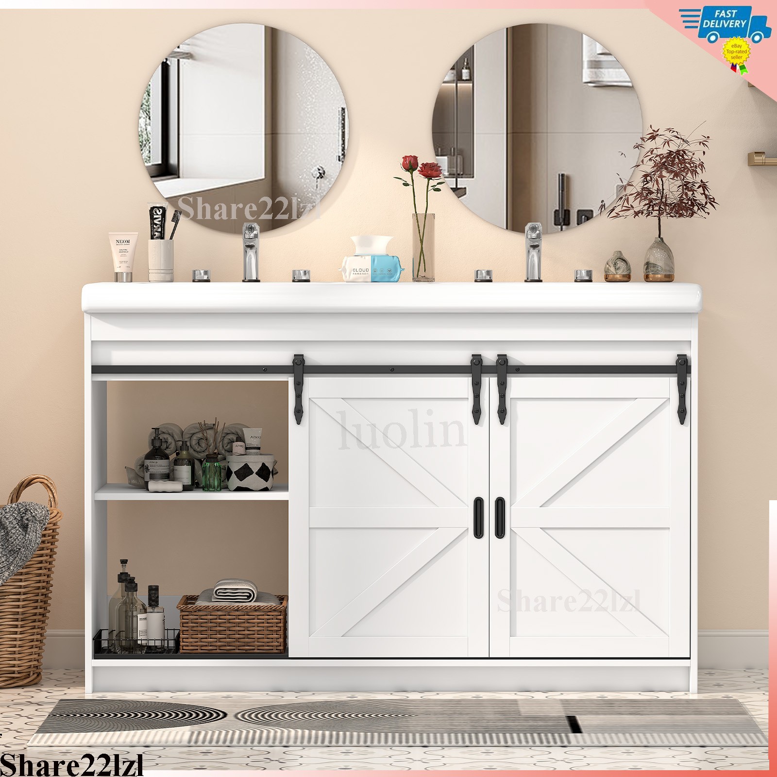 47″ Bathroom Vanity Cabinet Double Ceramic Sink Marble Countertop Cabinet Modern