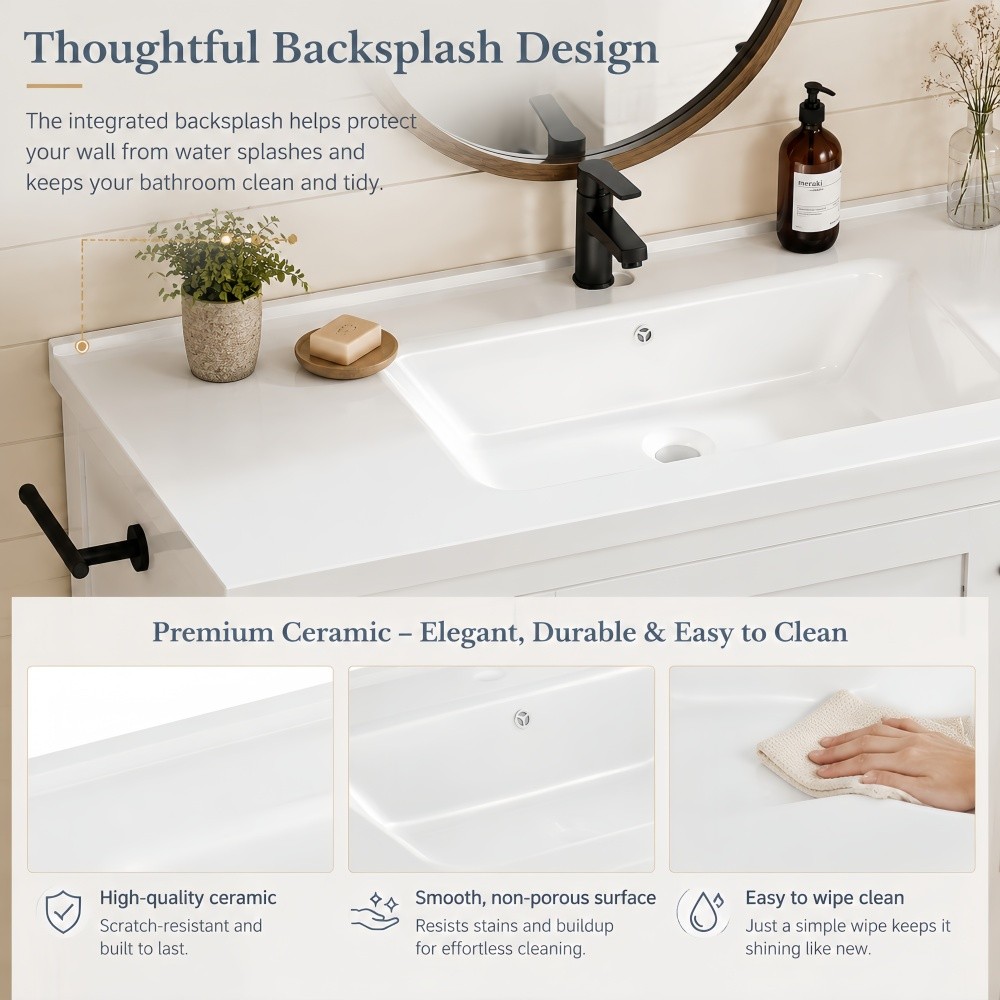 48in Bathroom Vanity W/Sink Ceramic Top Backsplash 6 Drawers Towel Bar Storage