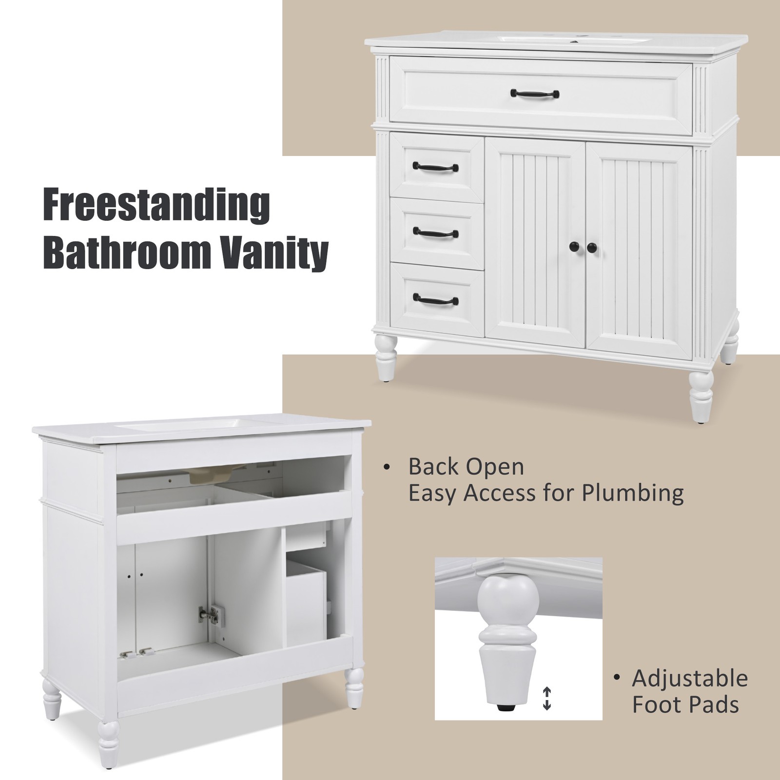 36″ Bathroom Vanity w/Ceramic Sink, Storage Cabinet w/Soft-Close Doors & Drawers