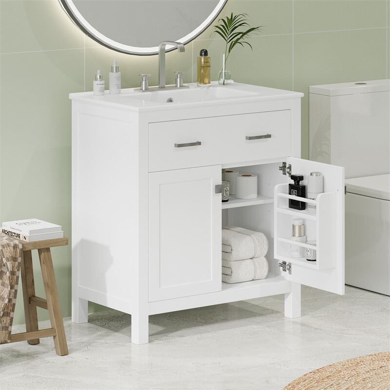 30-inch White Bathroom Vanity w/Ceramic Sink,Soft Close Doors & Flip-out Drawer