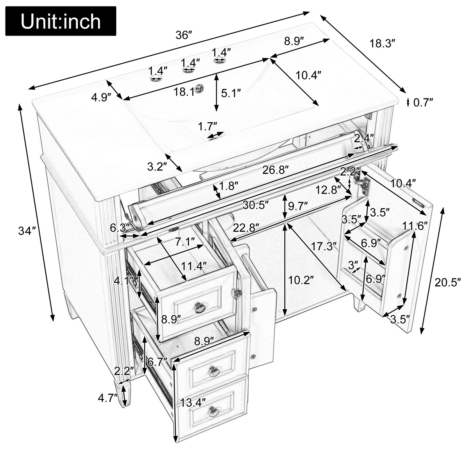 36″ Green Solid Wood Bathroom Vanity with Sink, 3 Drawers & 2 Doors