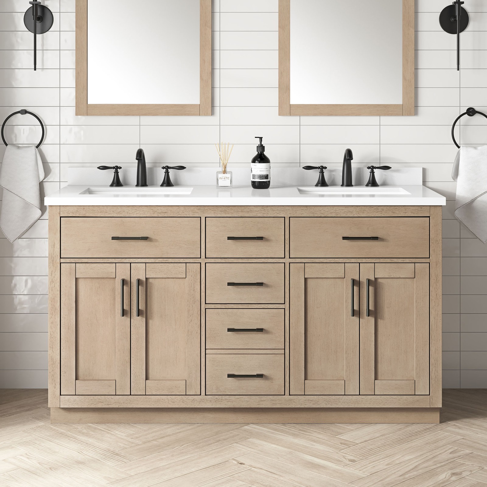 Bailey 60″ Double Bathroom Vanity in Sahara Birch with White Countertop