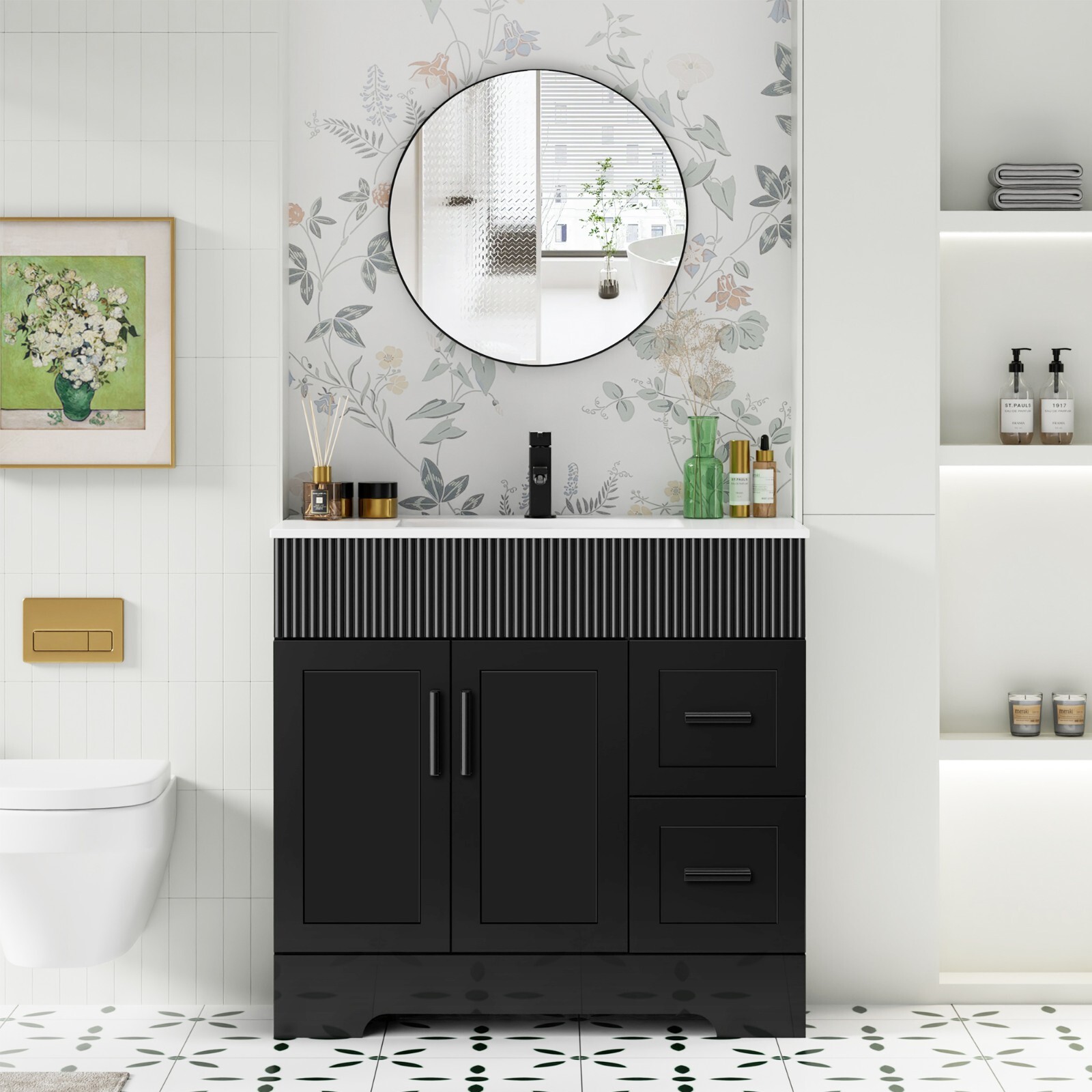 36″ Single Bathroom Vanity Set with Drop in Ceramic Sink Top with Wave Lines