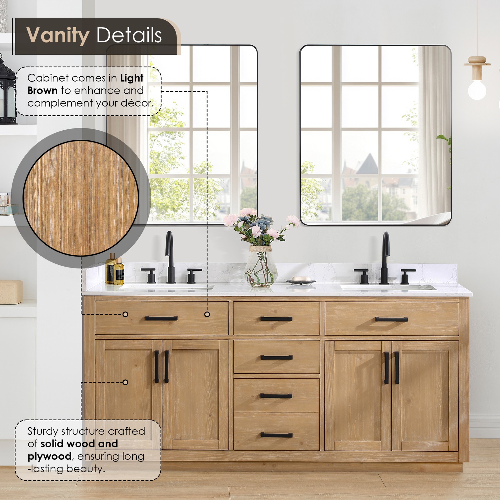Gavino 72″ Wood Vanity in Light Brown with Composite Stone Top no Mirror