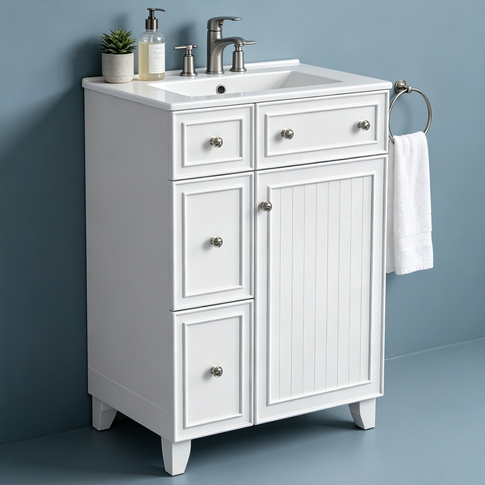 24 Inch White Vanity with Sink Modern Freestanding Cabinet for Bathroom Storage