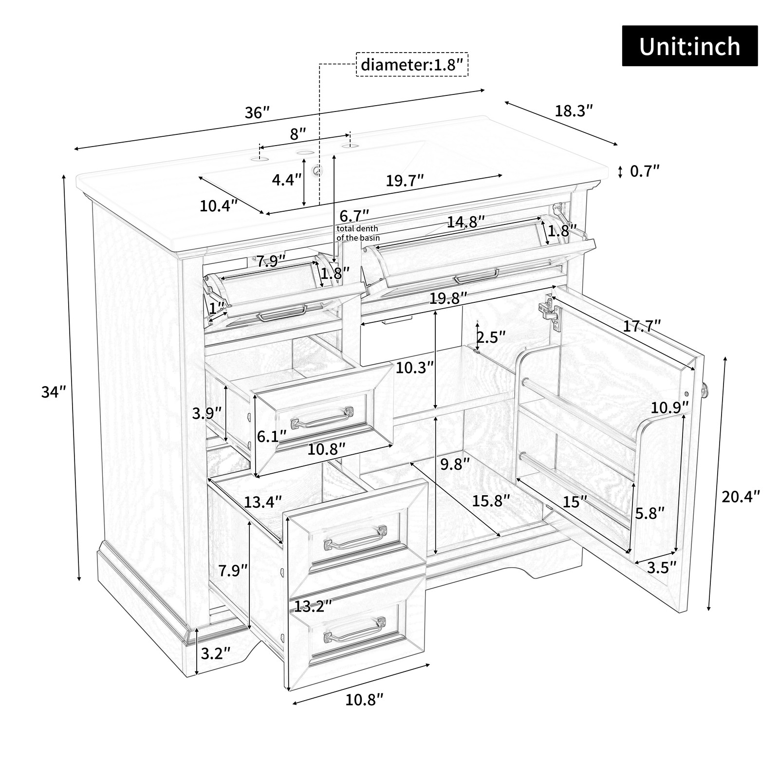 36″ Bathroom Vanity with Ceramic Sink Top, 4 Drawers & 1 Soft-Close Door