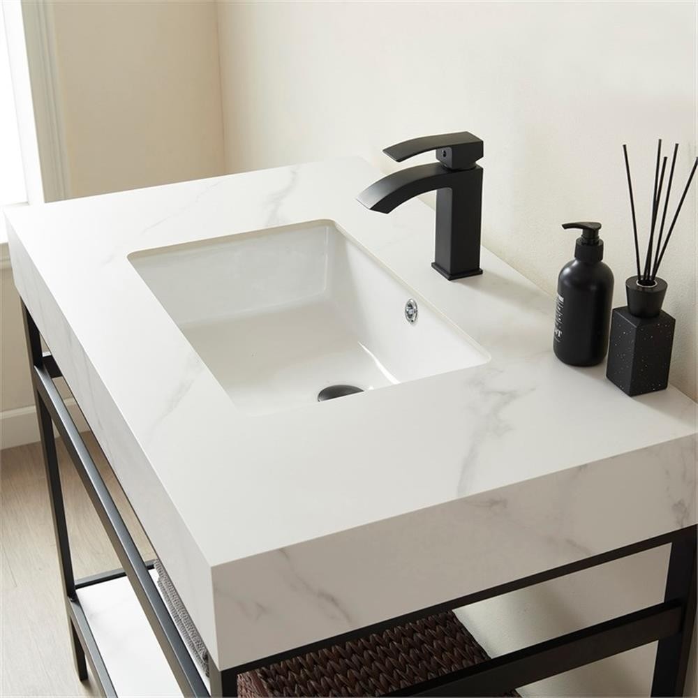 Funes 36″ Single Sink Bathroom Vanity in Matte Black Frame White Top No Mirror