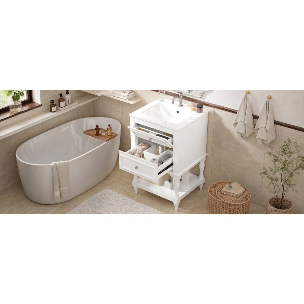 20” Retro Design Bathroom Vanity with Ceramic Sink, Open Shelf , 2 Drawers