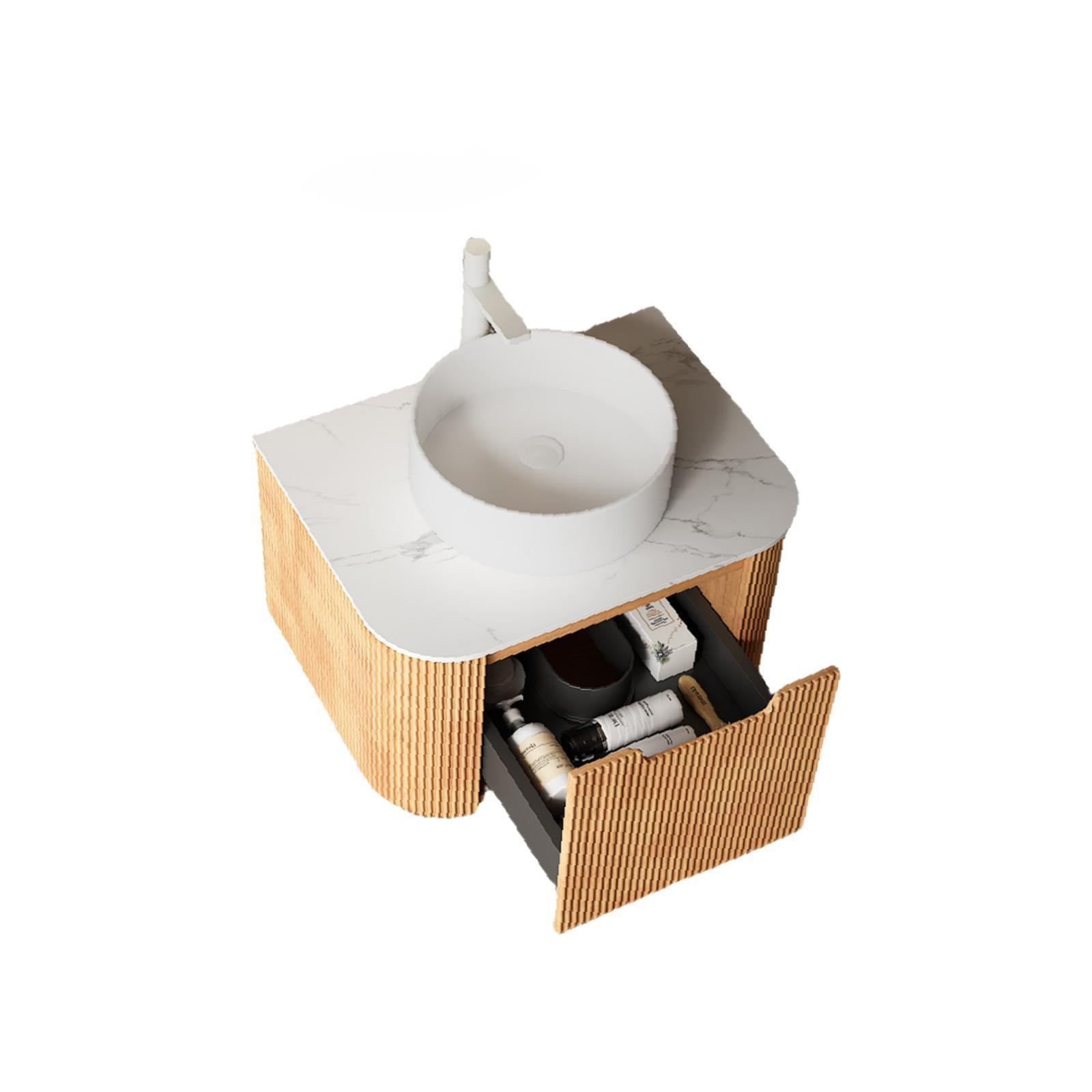 Floating Curved Bathroom Vanity with Sink 24 Inch Wall Mounted Natural Wood