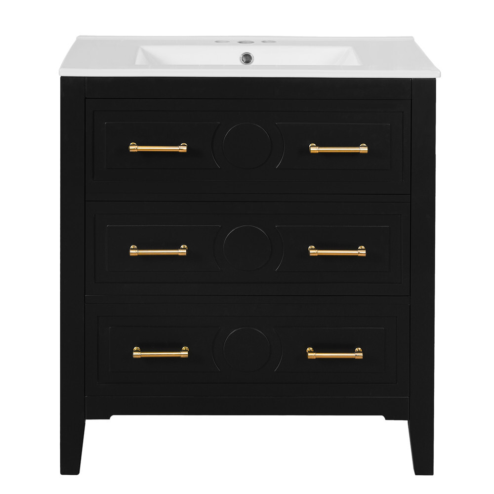 30″ Bathroom Vanity with Basin Sink, 3 Drawers, Freestanding Bath Vanity Cabinet