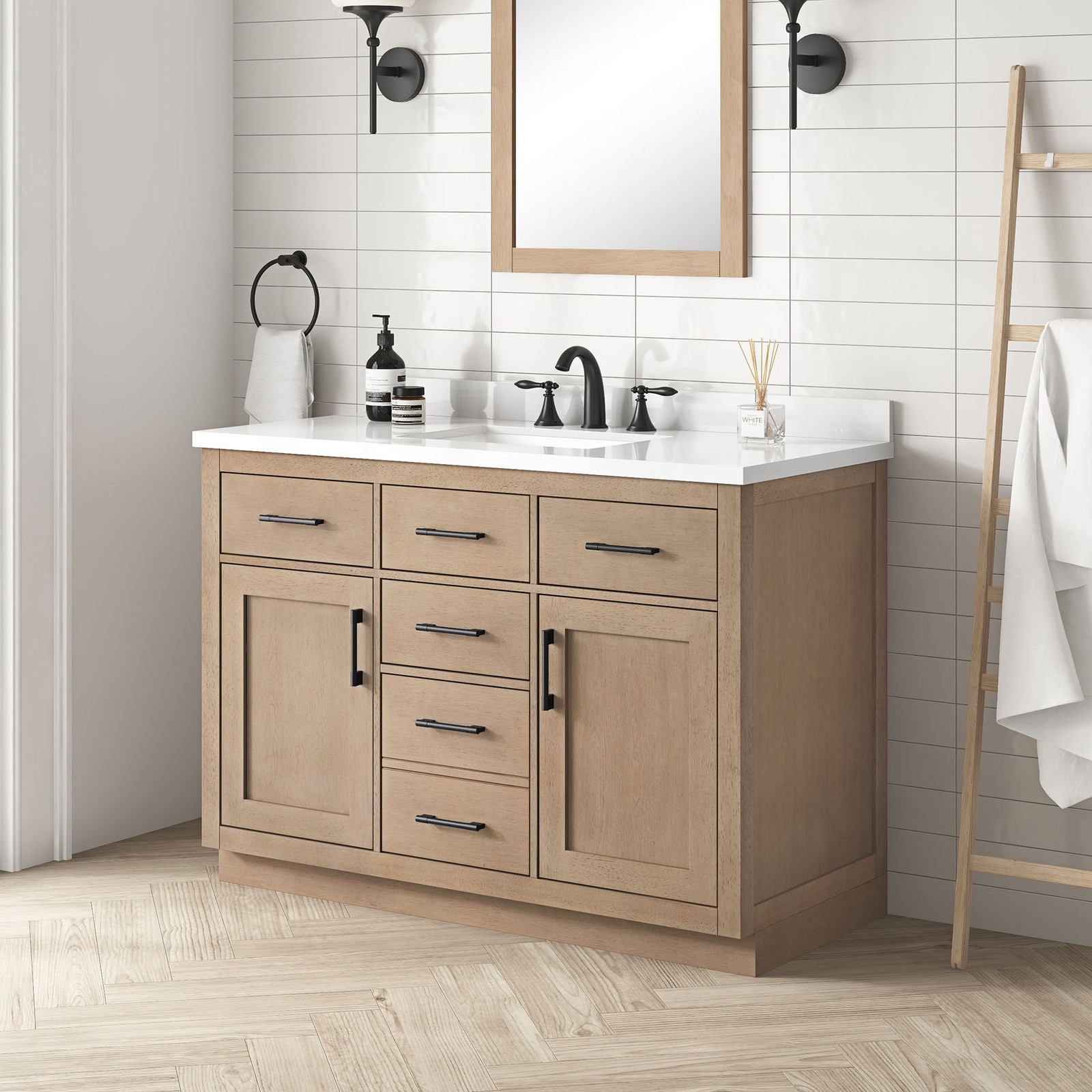 Bailey 48″ Bathroom Vanity in Sahara Birch with White Countertop