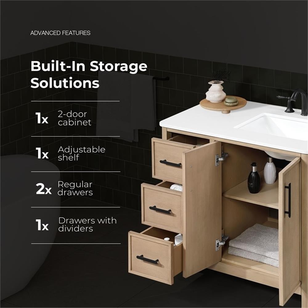 Pemberly Row 36″ Bathroom Vanity in Sahara Birch with White Countertop