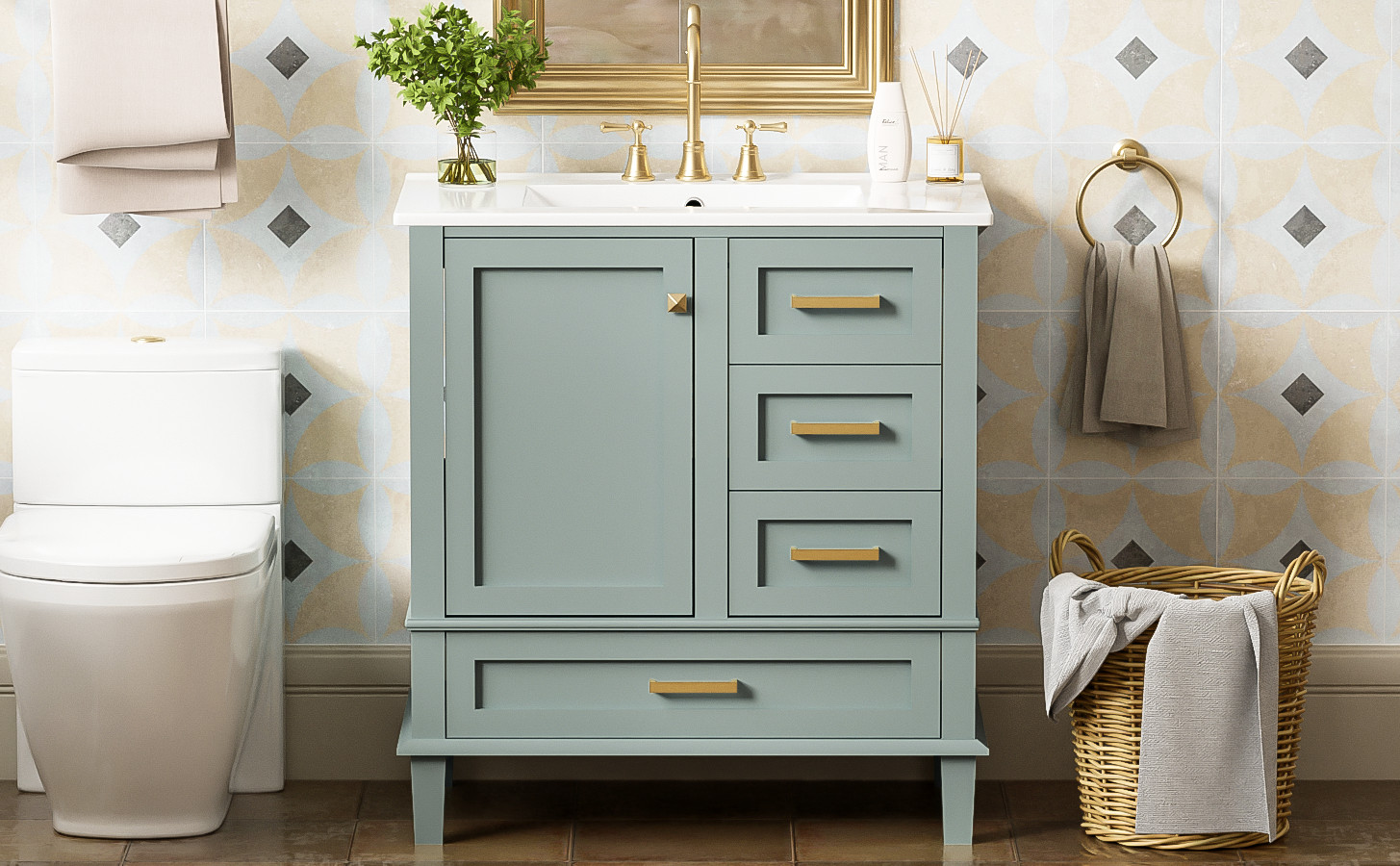 30″ Bathroom Vanity with Sink, Solid Wood Frame, Sage Green