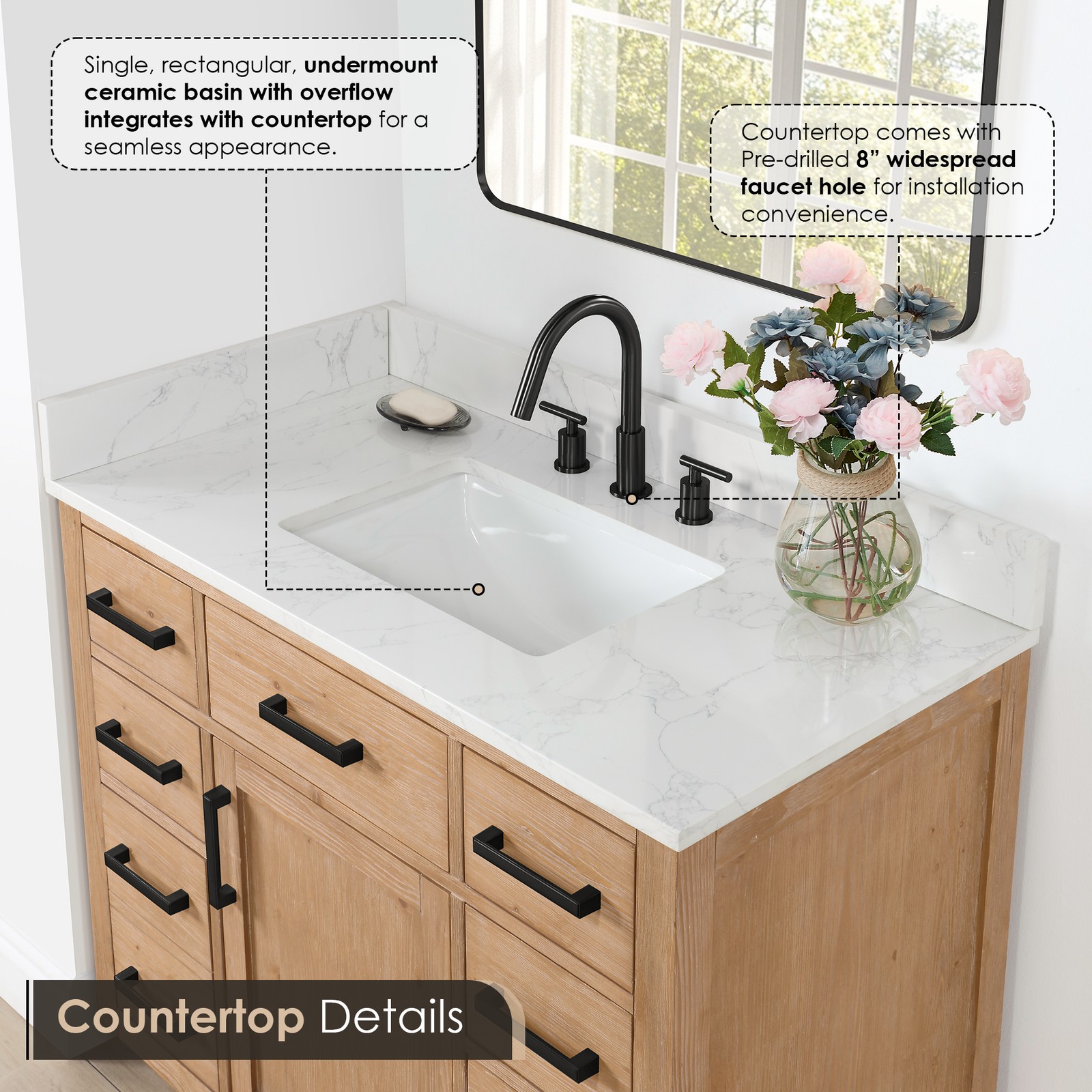 Gavino 42″ Wood Vanity in Light Brown with Composite Stone Top with Mirror