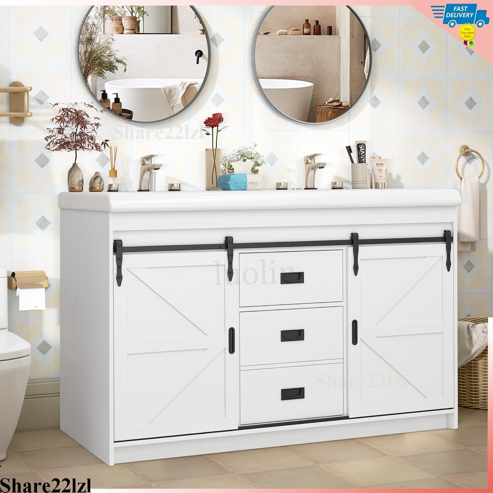 47 inch Double Sink Bathroom Vanity Cabinet Ceramic Vessel Sink w/ Sliding Doors