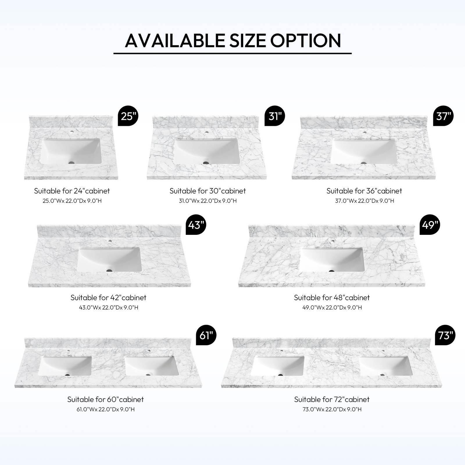 Zevio 49″W x 22″D Natural Marble Vanity Top in Carrara White with Ceramic Sink