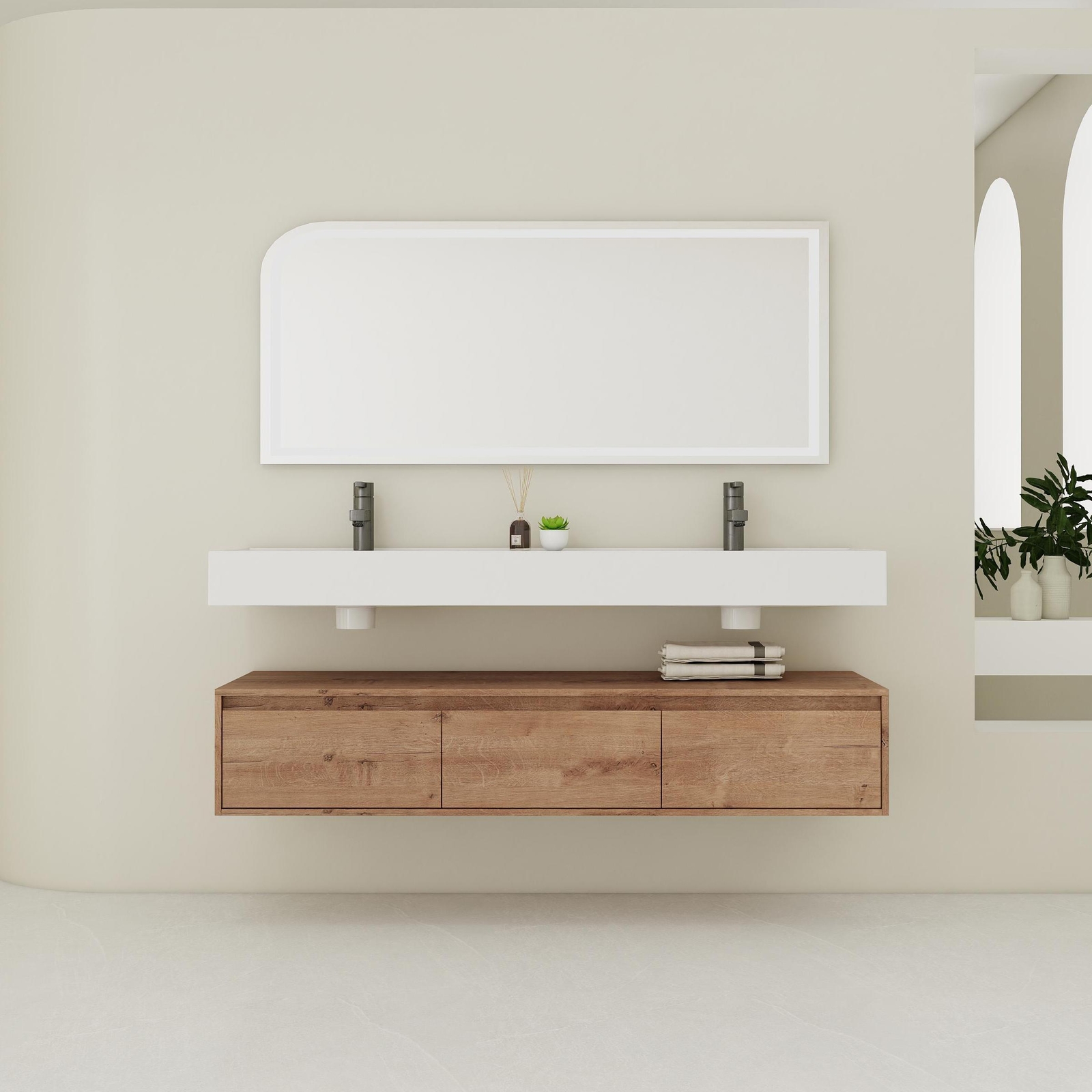 60″ Wood Floating Wall Mounted Bathroom Vanity with Double Resin Sink +3Drawers