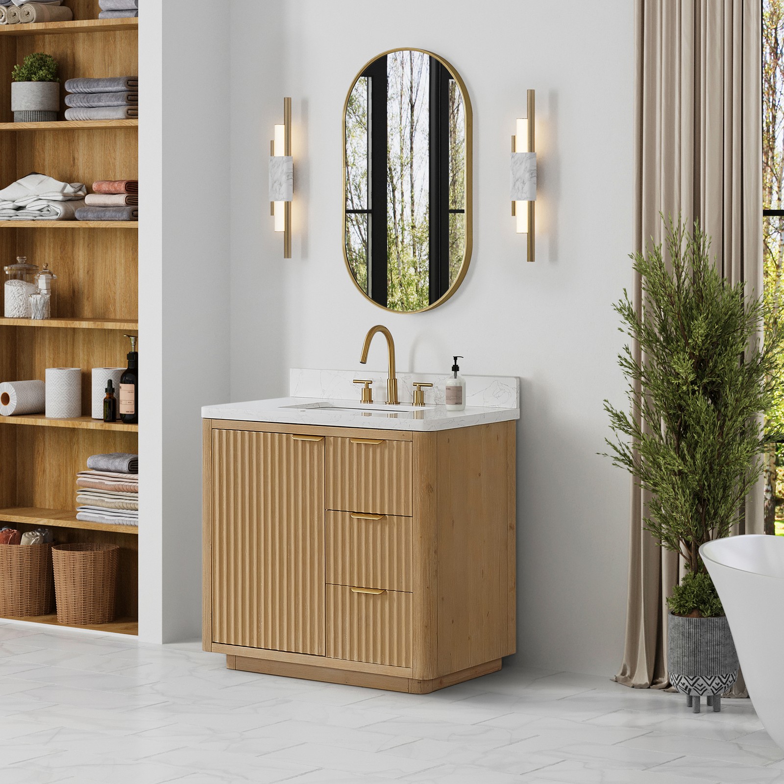 Cadiz 36″ Single Bathroom Vanity in Washed Ash Grey w/Lightning White Composite