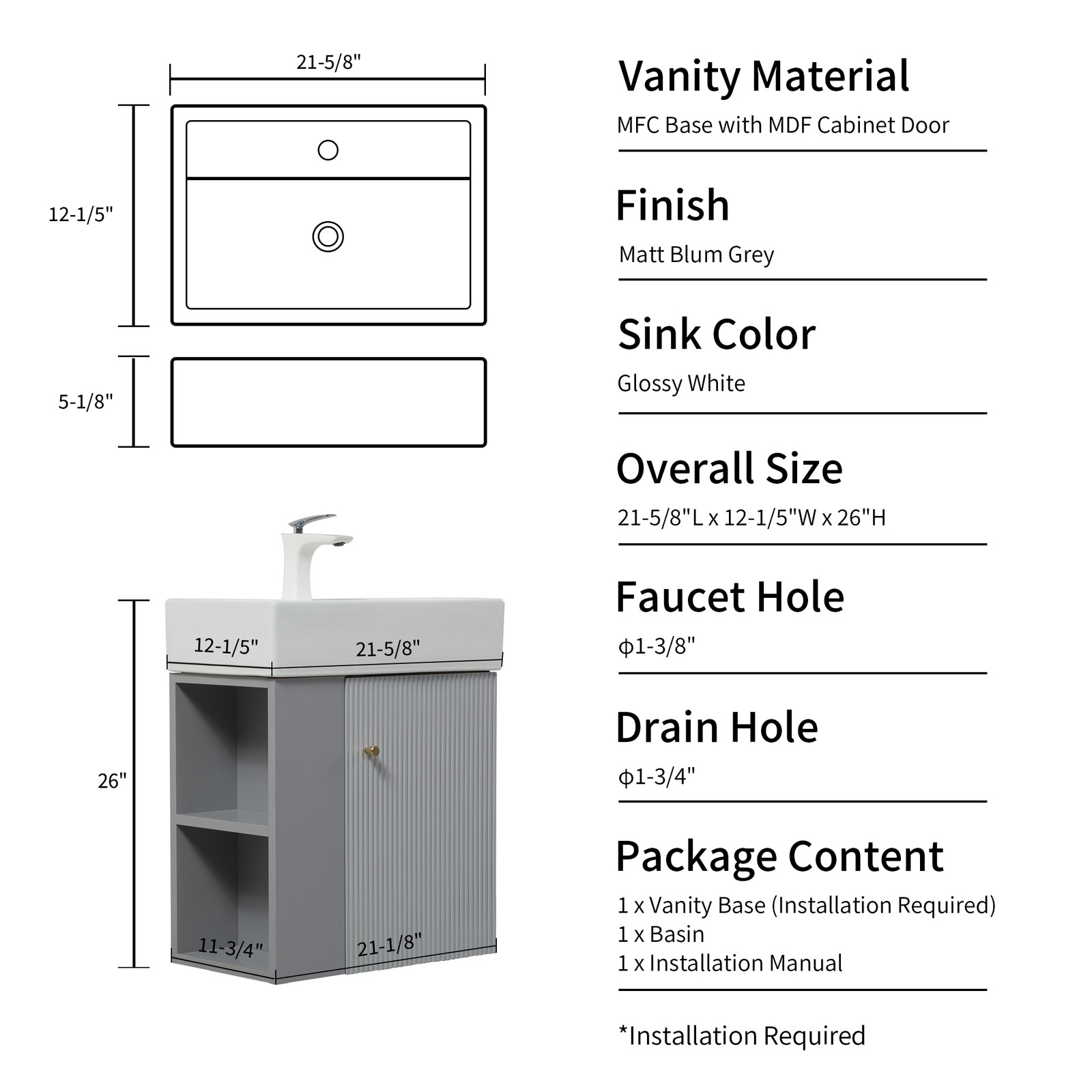 Wall-mounted Open-shelving Vanity with Ceramic Sink Grey