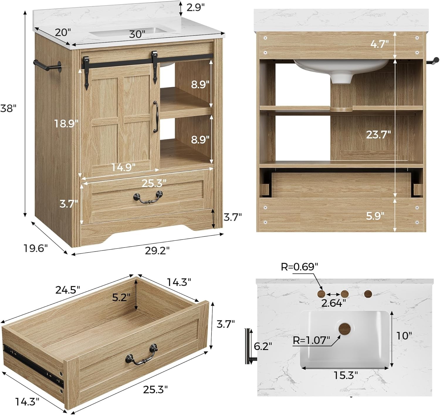 Bathroom Vanity with Sink, 30 Inch Bathroom Sink Cabinet with Drawers & Metal